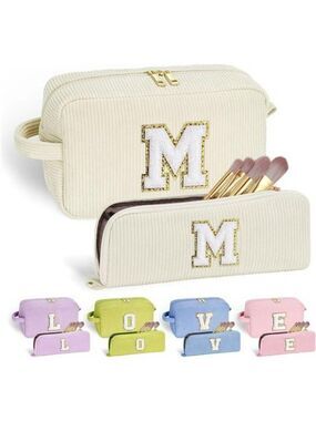 Corduroy Initial Makeup Bag Set Travel Cosmetic Organizer Gift for Teen Girls